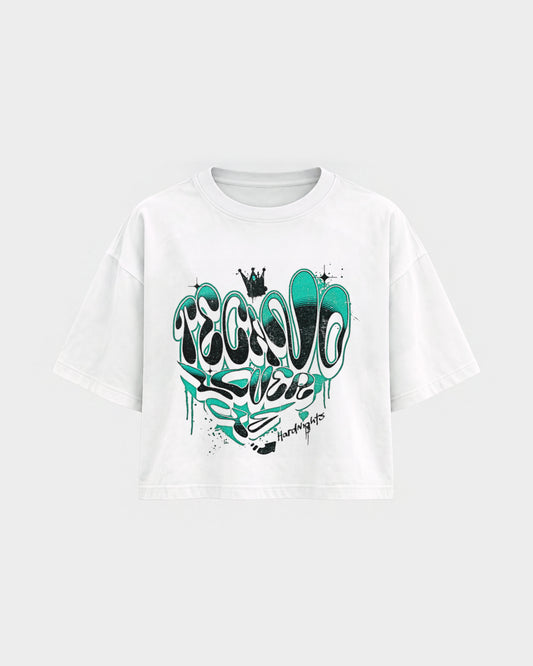 Techno lover 4ever – Oversized Crop Top in Weiß, Frontprint – Hard Nights