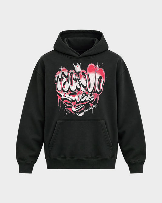 Techno lover 4ever – Oversized Hoodie in Schwarz, Frontprint – Hard Nights