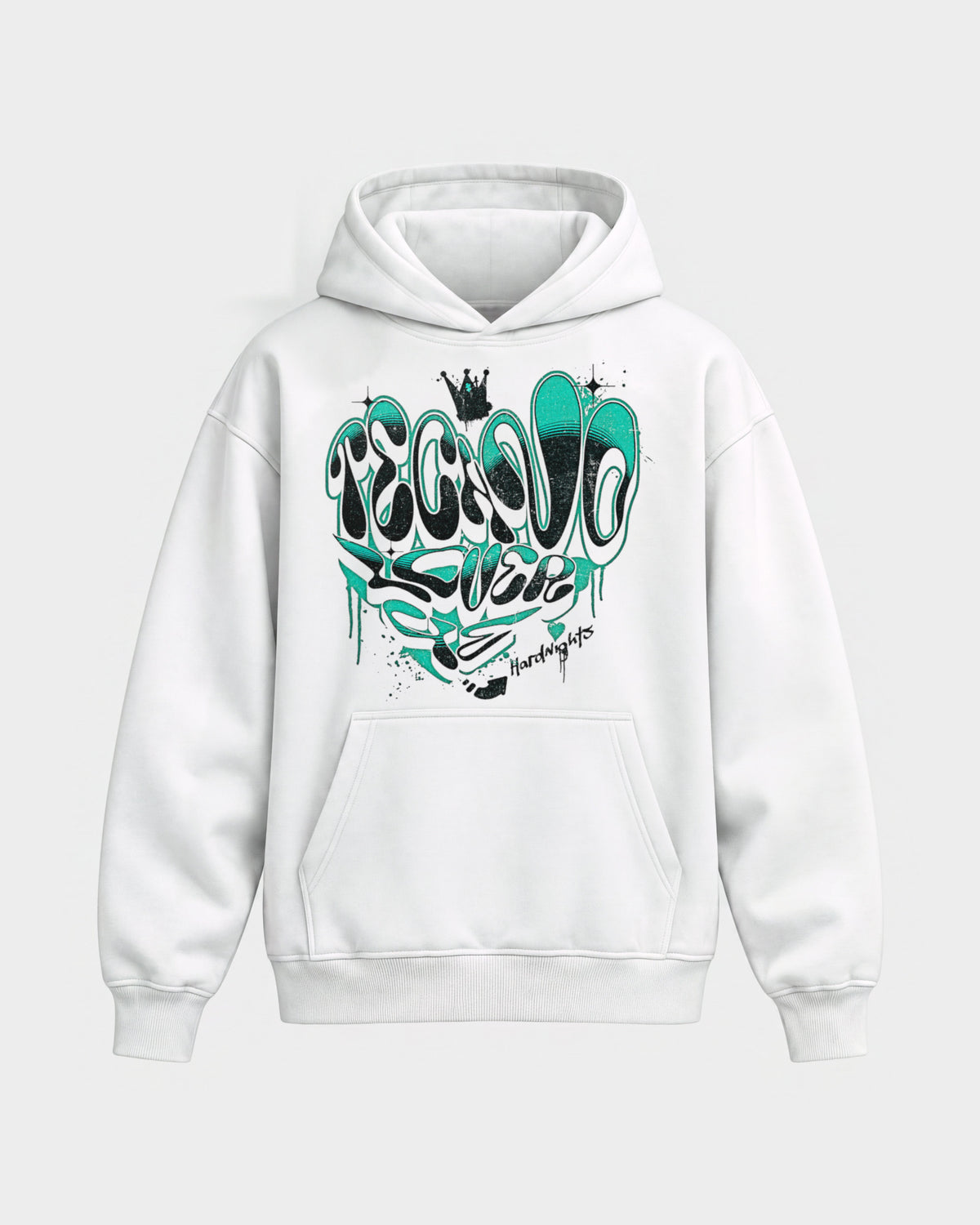 Techno lover 4ever – Oversized Hoodie in Weiß, Frontprint – Hard Nights