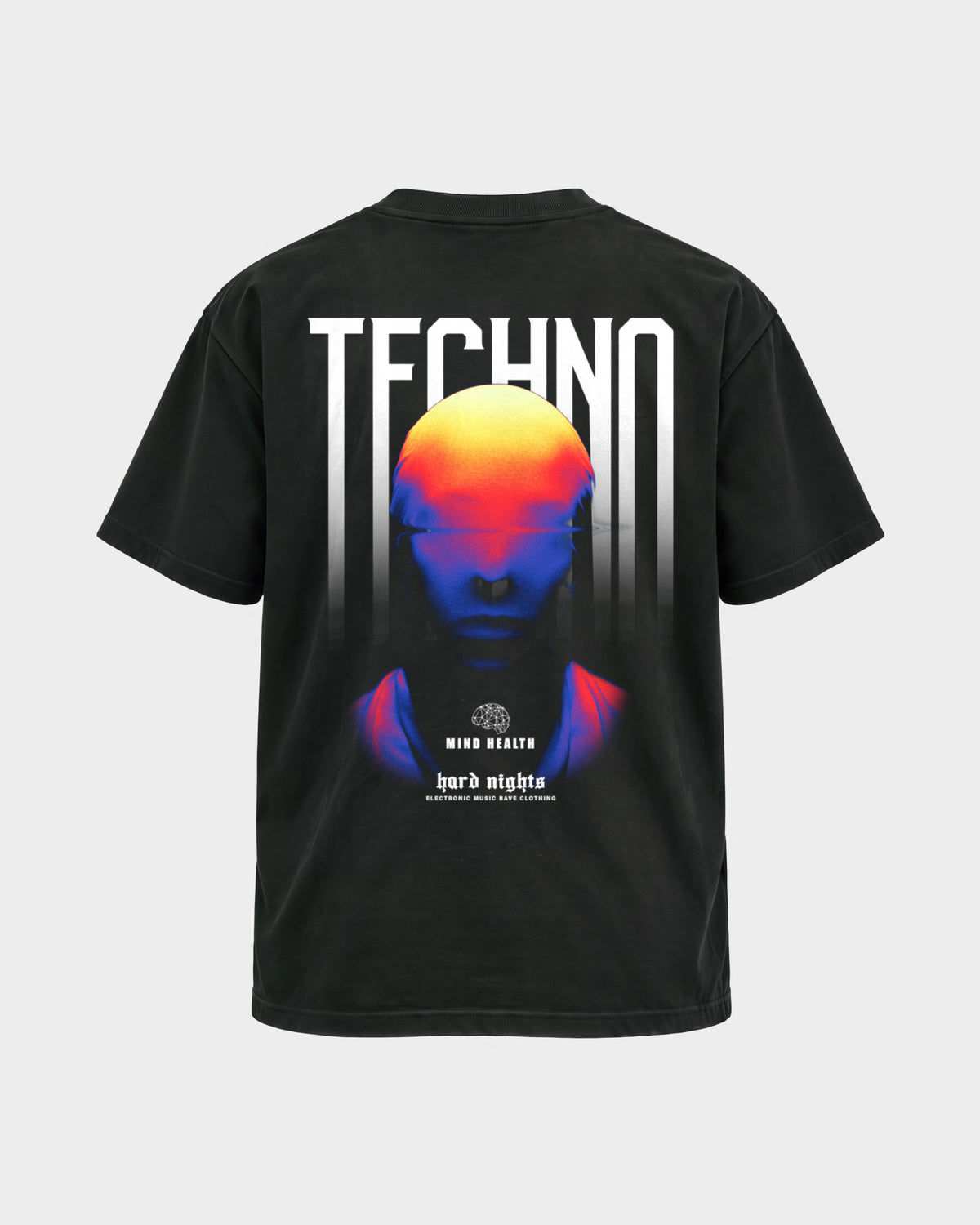 Techno Mind – Basic Shirt in Schwarz, Rückenprint – Hard Nights
