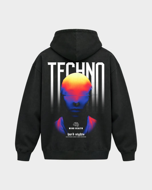 Techno Mind – Oversized Hoodie in Schwarz, Rückenprint – Hard Nights