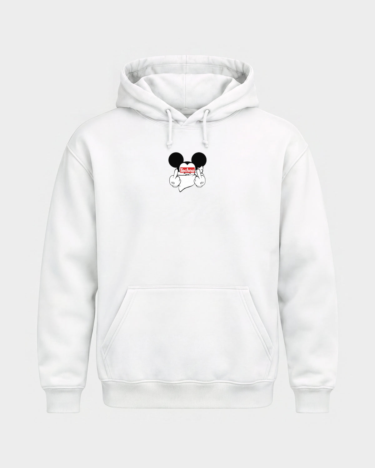 Techno Mouse – Basic Hoodie in Weiß, Frontprint – Hard Nights
