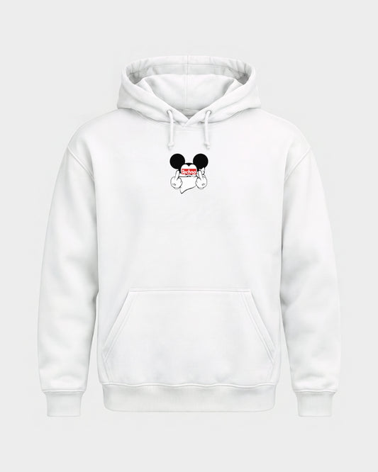Techno Mouse – Basic Hoodie in Weiß, Frontprint – Hard Nights
