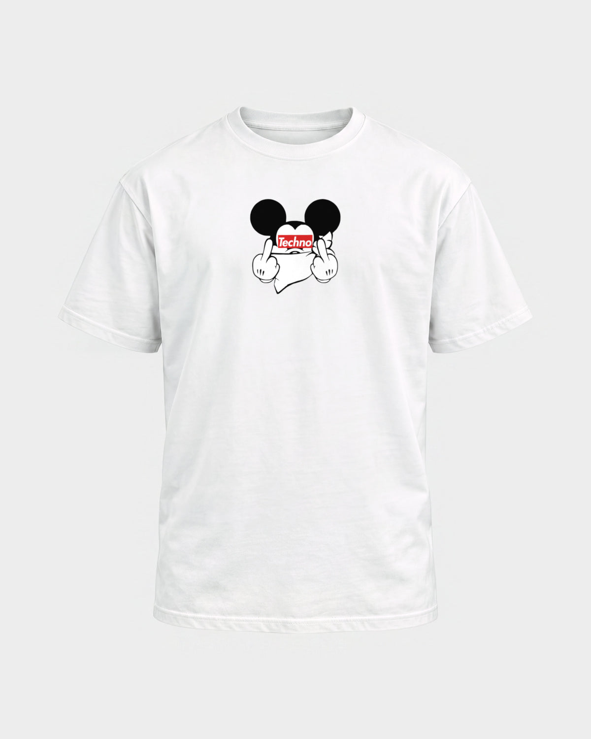 Techno Mouse – Basic Shirt in Weiß, Frontprint – Hard Nights