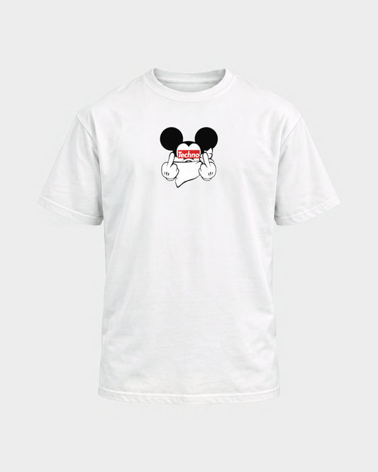 Techno Mouse – Basic Shirt in Weiß, Frontprint – Hard Nights