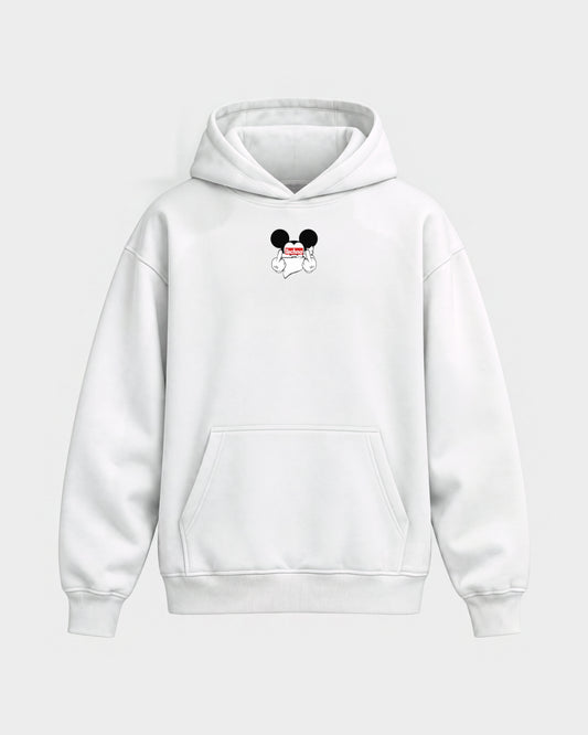 Techno Mouse – Oversized Hoodie in Weiß, Frontprint – Hard Nights