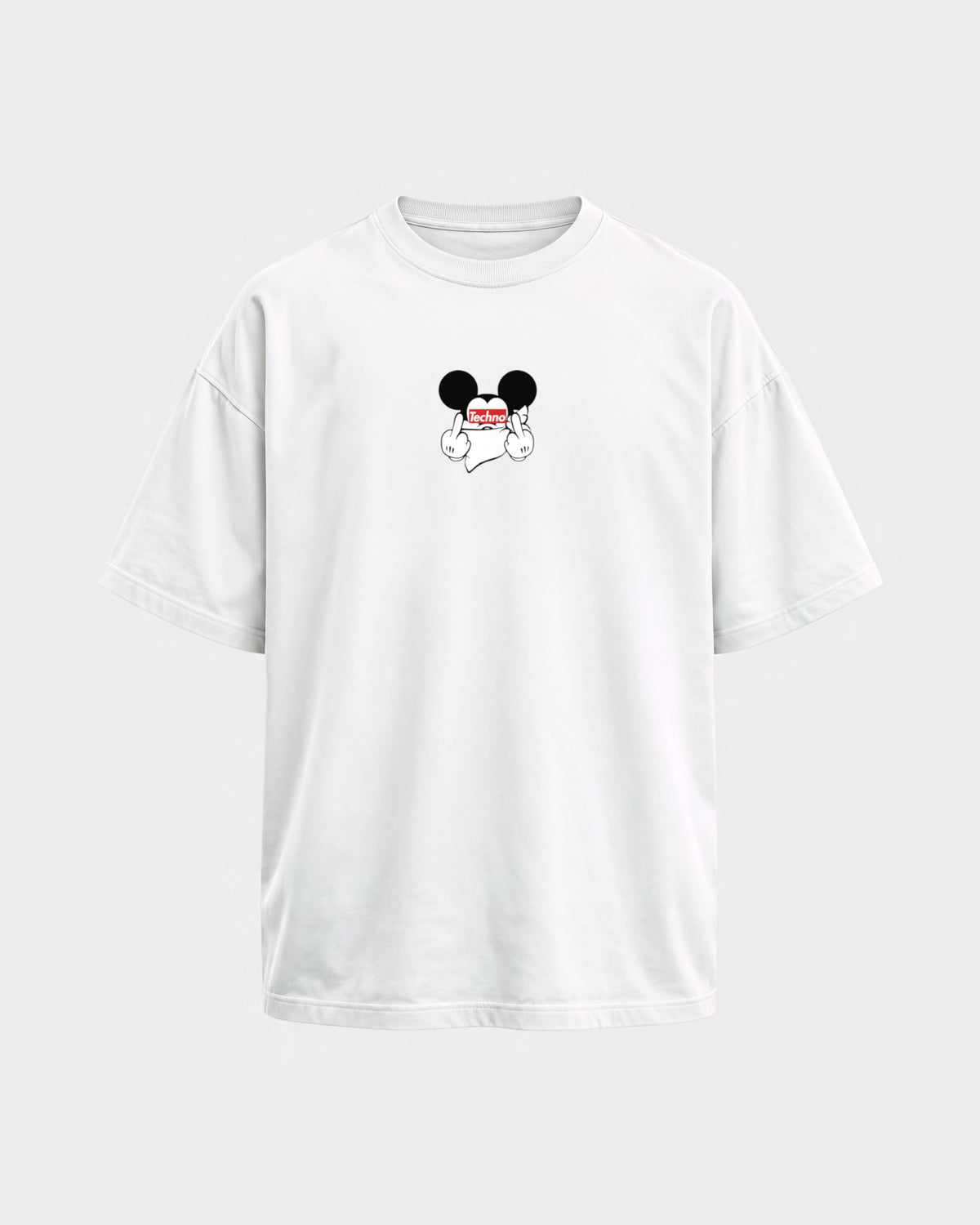 Techno Mouse – Oversized Shirt in Weiß, Frontprint – Hard Nights