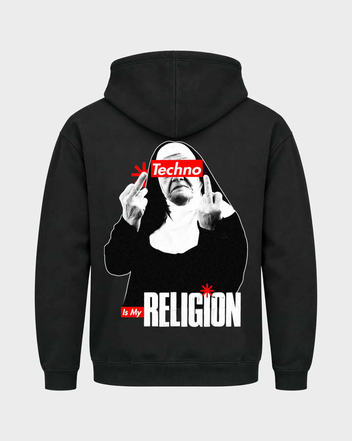 Techno Nun – Basic Hoodie in Schwarz, Rückenprint – Hard Nights
