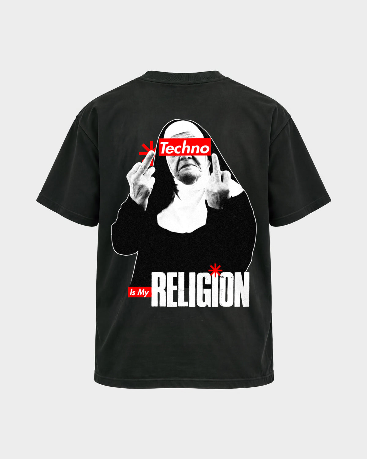 Techno Nun – Basic Shirt in Schwarz, Rückenprint – Hard Nights