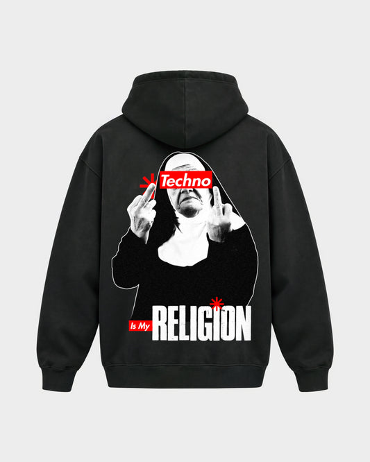 Techno Nun – Oversized Hoodie in Schwarz, Rückenprint – Hard Nights