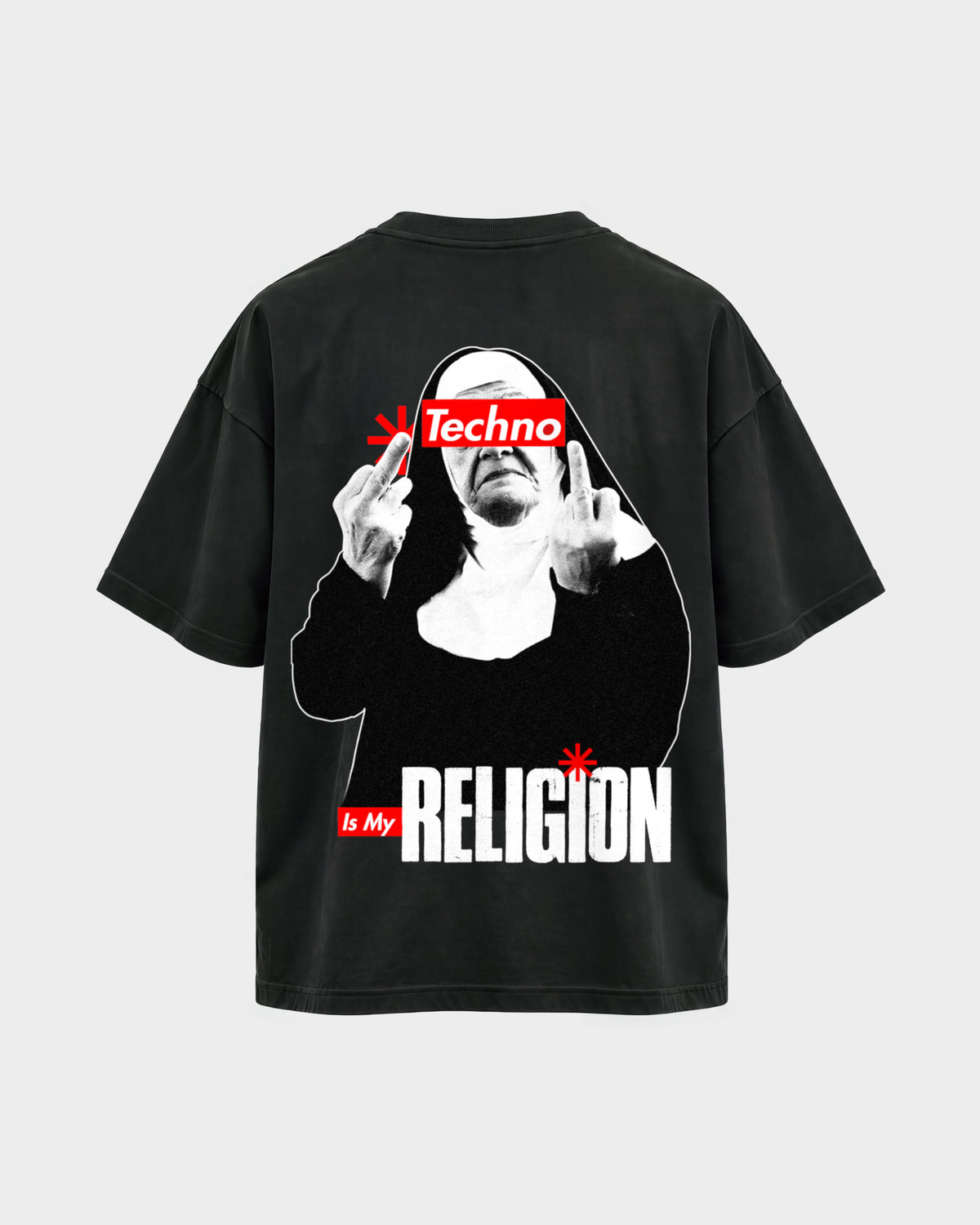 Techno Nun – Oversized Shirt in Schwarz, Rückenprint – Hard Nights