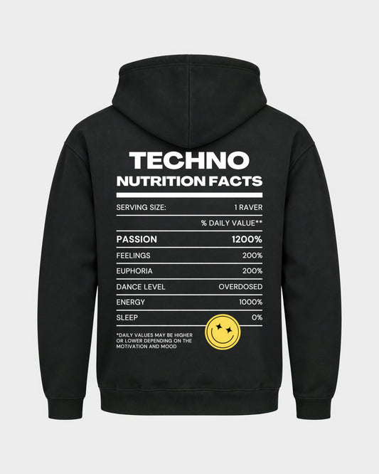 Techno Nutrition Facts – Basic Hoodie in Schwarz, Rückenprint – Hard Nights
