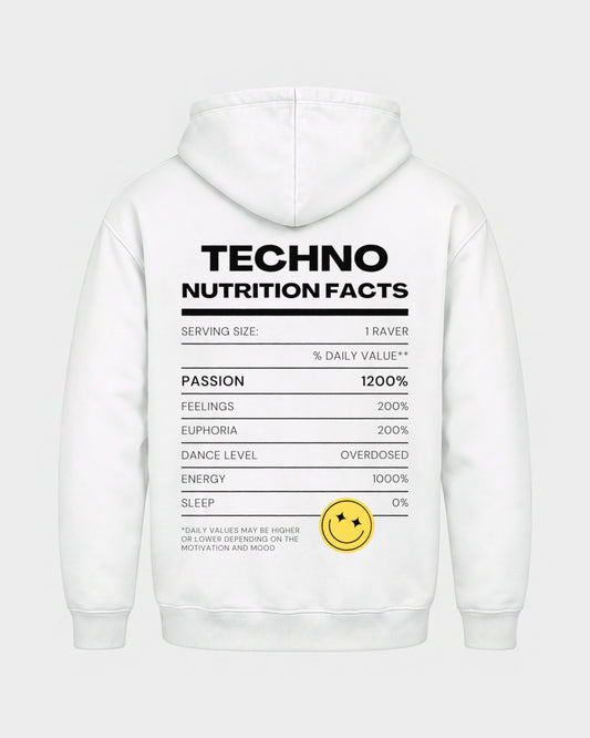 Techno Nutrition Facts – Basic Hoodie in Weiß, Rückenprint – Hard Nights