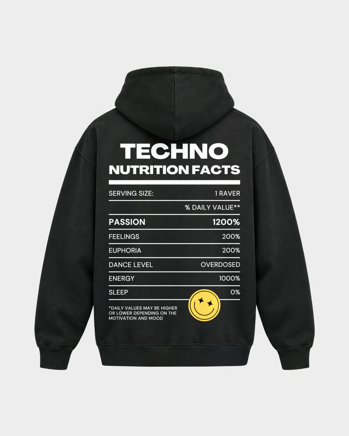 Techno Nutrition Facts – Oversized Hoodie in Schwarz, Rückenprint – Hard Nights