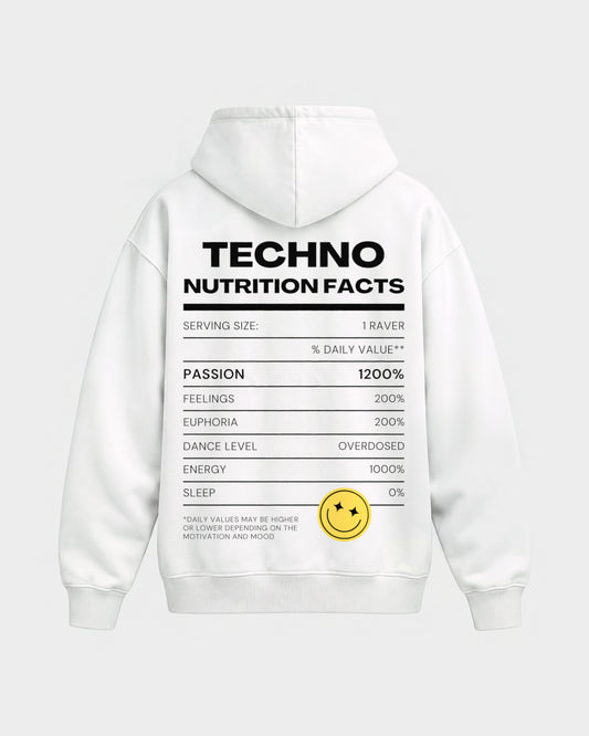 Techno Nutrition Facts – Oversized Hoodie in Weiß, Rückenprint – Hard Nights