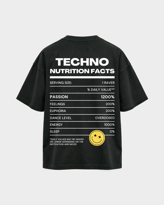 Techno Nutrition Facts – Oversized Shirt in Schwarz, Rückenprint – Hard Nights