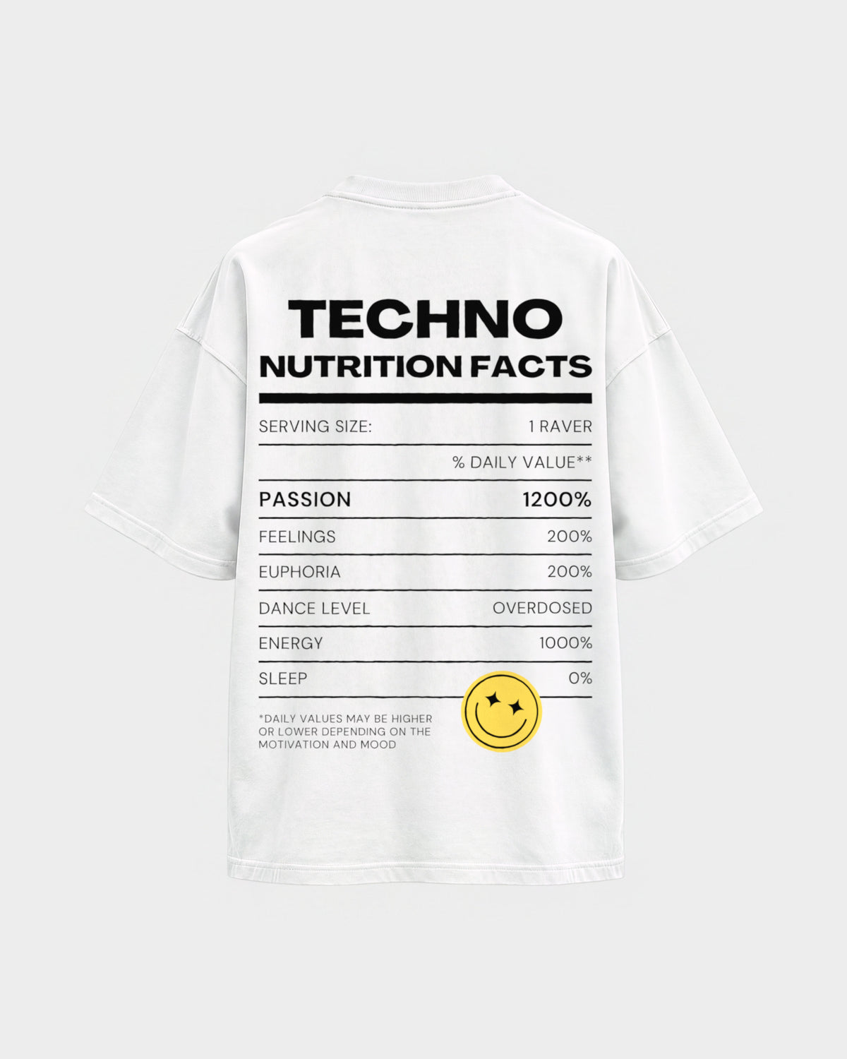 Techno Nutrition Facts – Oversized Shirt in Weiß, Rückenprint – Hard Nights