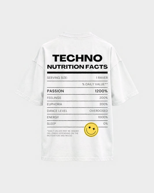 Techno Nutrition Facts – Oversized Shirt in Weiß, Rückenprint – Hard Nights