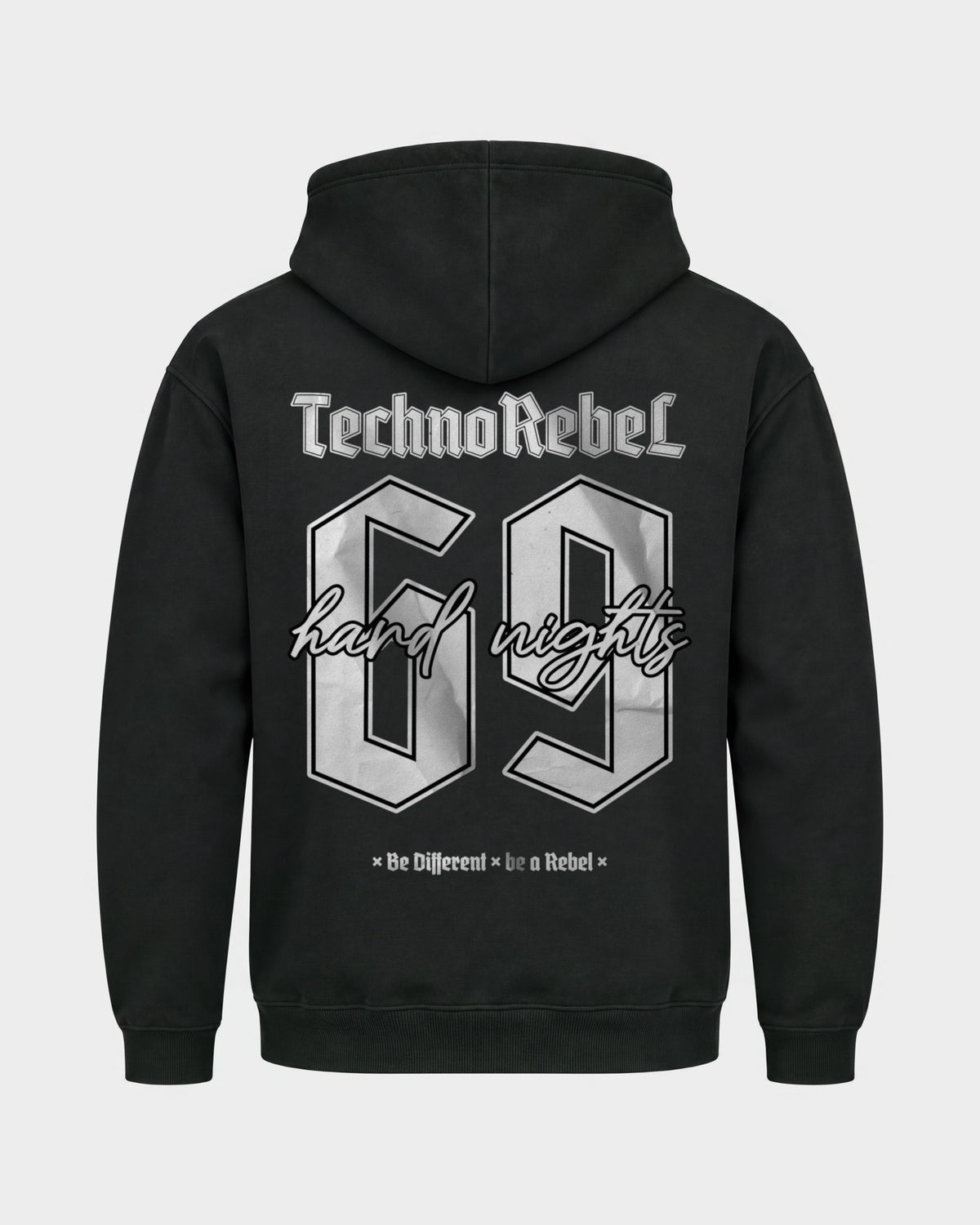 Techno Rebel 69 – Basic Hoodie in Schwarz, Rückenprint – Hard Nights
