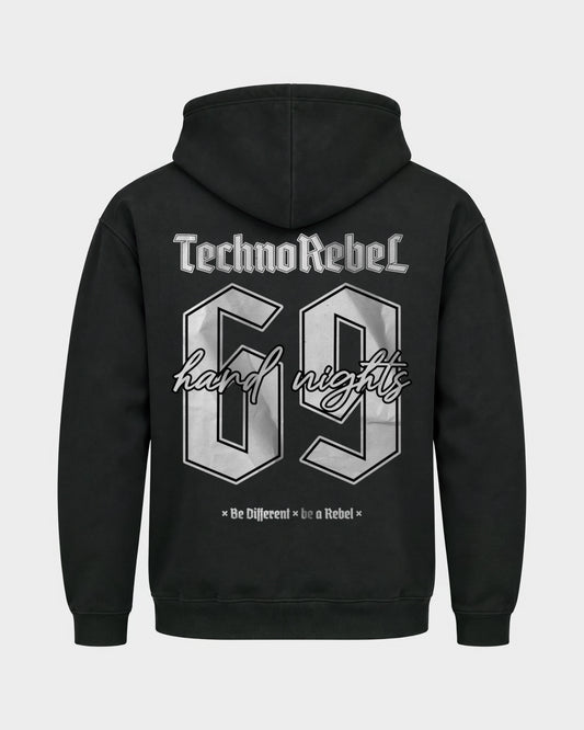 Techno Rebel 69 – Basic Hoodie in Schwarz, Rückenprint – Hard Nights