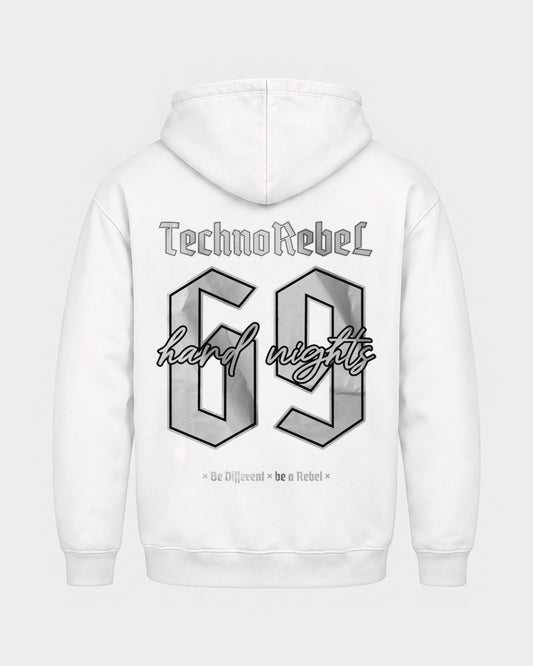 Techno Rebel 69 – Basic Hoodie in Weiß, Rückenprint – Hard Nights