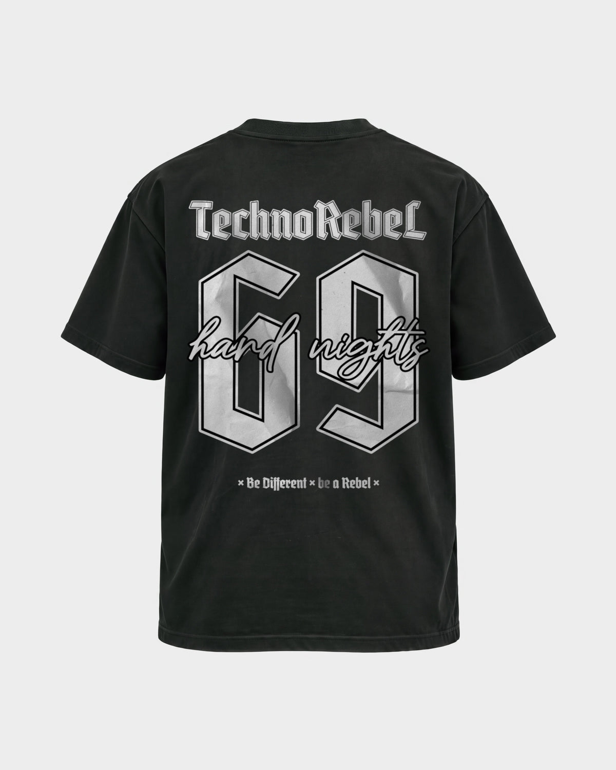 Techno Rebel 69 – Basic Shirt in Schwarz, Rückenprint – Hard Nights
