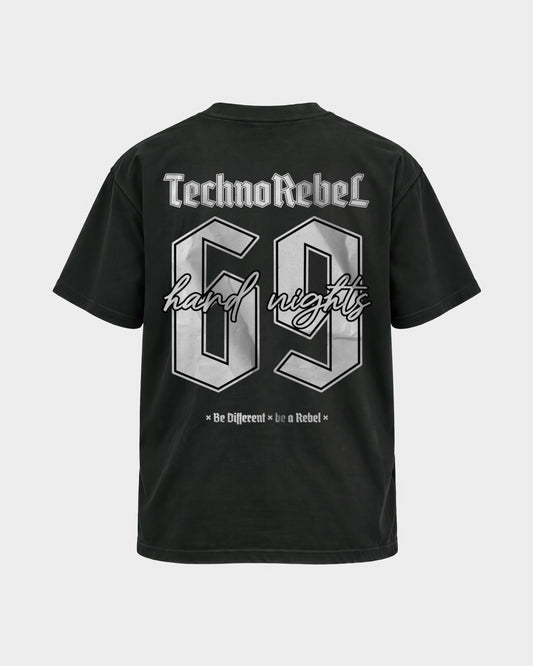 Techno Rebel 69 – Basic Shirt in Schwarz, Rückenprint – Hard Nights