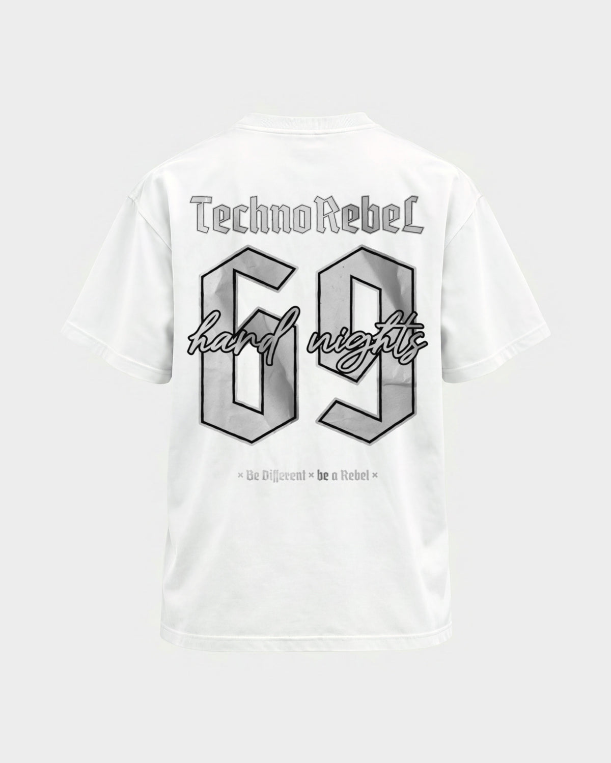 Techno Rebel 69 – Basic Shirt in Weiß, Rückenprint – Hard Nights