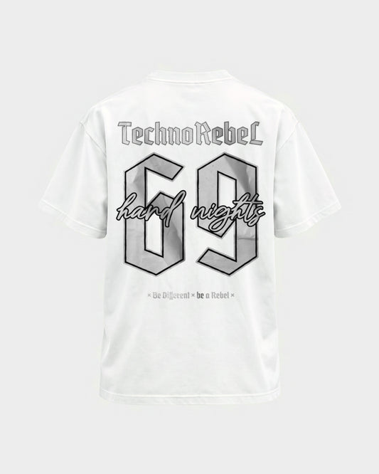 Techno Rebel 69 – Basic Shirt in Weiß, Rückenprint – Hard Nights