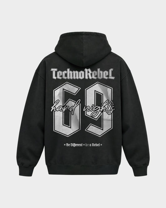 Techno Rebel 69 – Oversized Hoodie in Schwarz, Rückenprint – Hard Nights