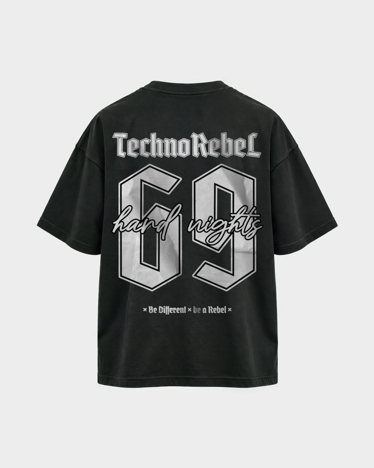 Techno Rebel 69 – Oversized Shirt in Schwarz, Rückenprint – Hard Nights