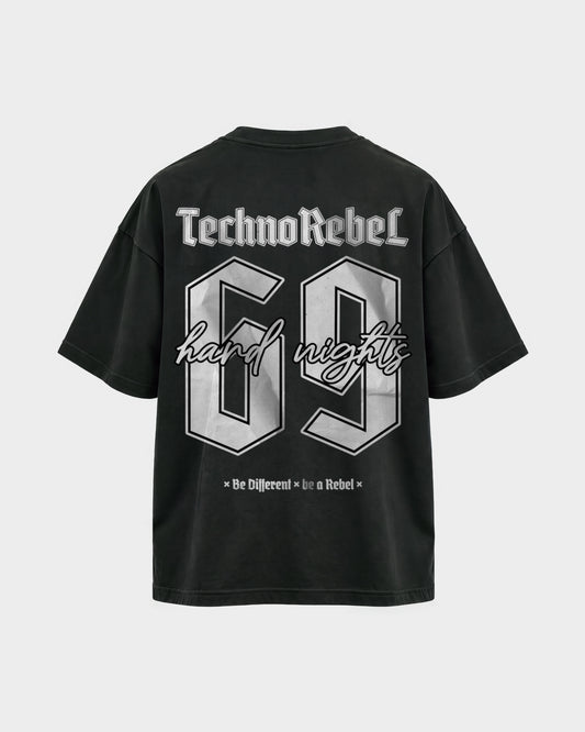 Techno Rebel 69 – Oversized Shirt in Schwarz, Rückenprint – Hard Nights