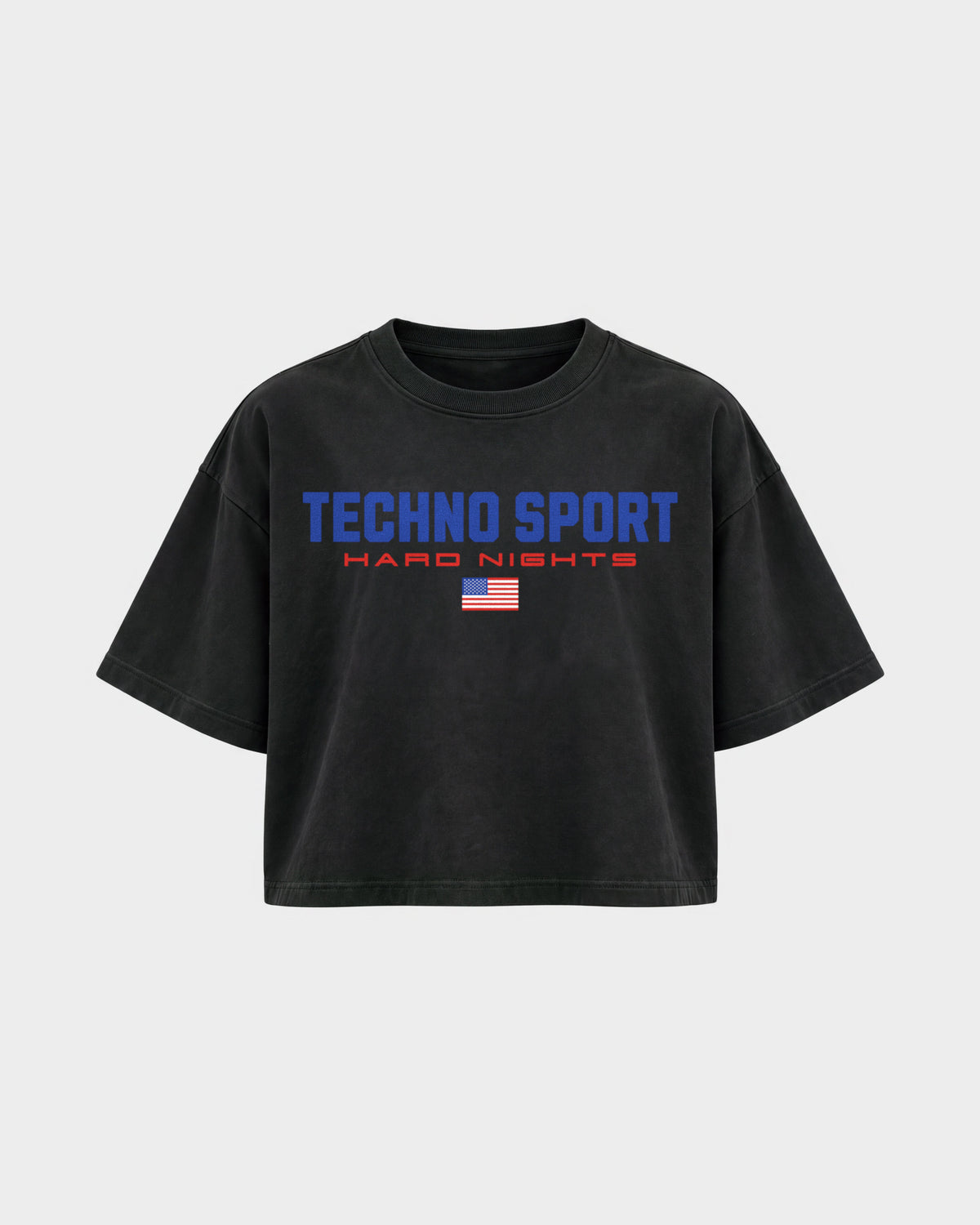 Techno Sport – Oversized Crop Top in Schwarz, Frontprint – Hard Nights