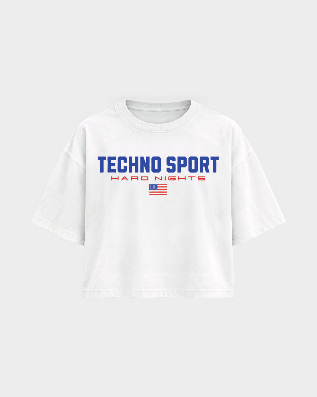 Techno Sport – Oversized Crop Top in Weiß, Frontprint – Hard Nights