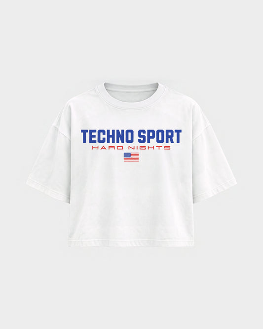 Techno Sport – Oversized Crop Top in Weiß, Frontprint – Hard Nights