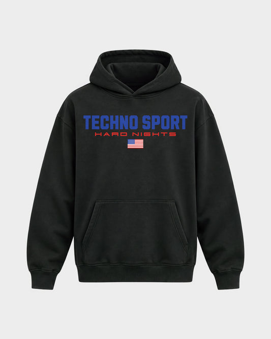 Techno Sport – Oversized Hoodie in Schwarz, Frontprint – Hard Nights