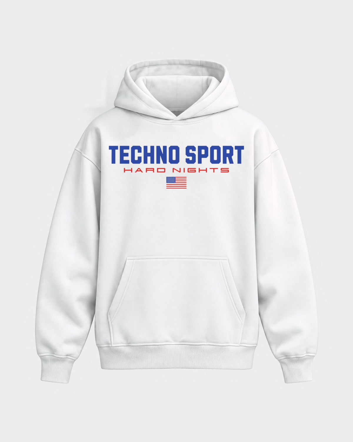 Techno Sport – Oversized Hoodie in Weiß, Frontprint – Hard Nights