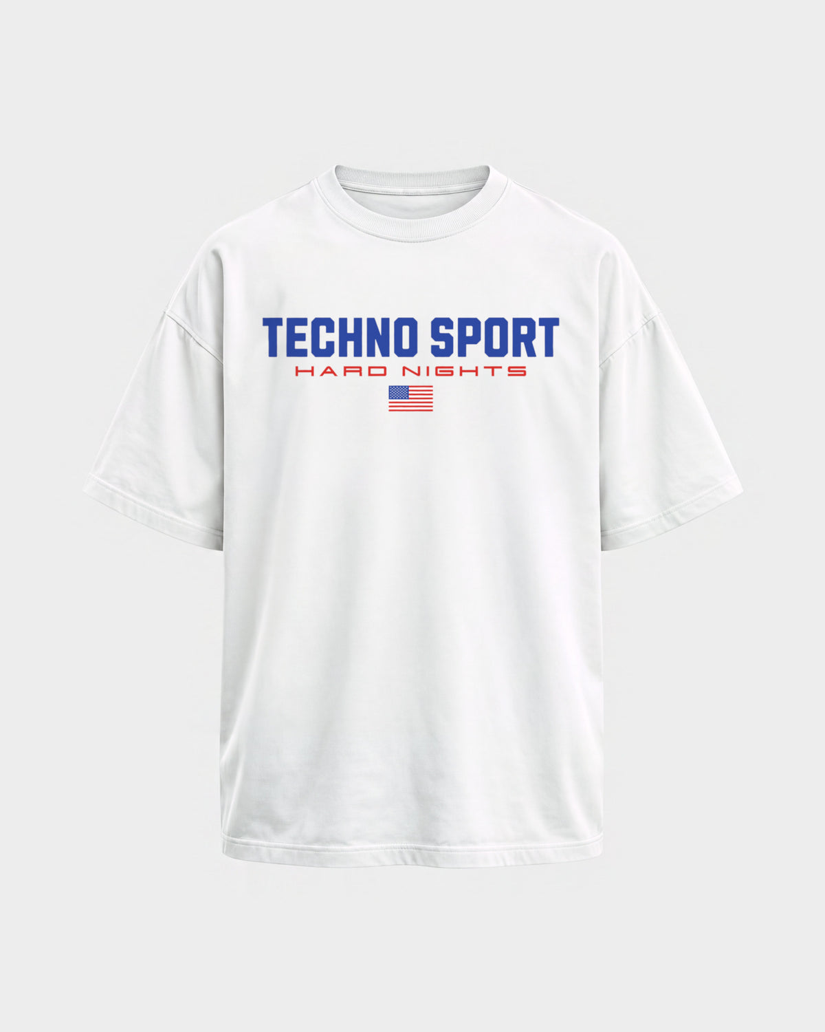 Techno Sport – Oversized Shirt in Weiß, Frontprint – Hard Nights