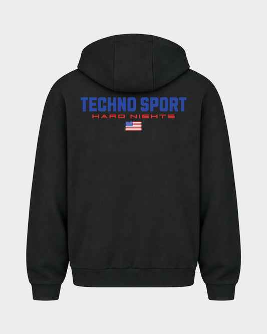 Techno Sport – Oversized Zipper Hoodie in Schwarz, Rückenprint – Hard Nights
