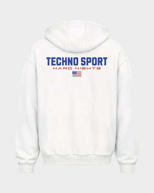 Techno Sport – Oversized Zipper Hoodie in Weiß, Rückenprint – Hard Nights