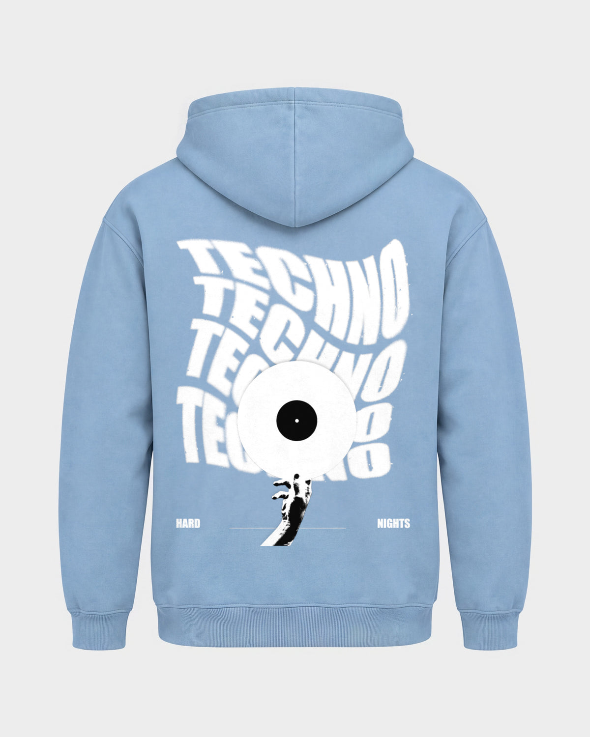 Techno Vinyl – Basic Hoodie in Himmelblau, Rückenprint – Hard Nights