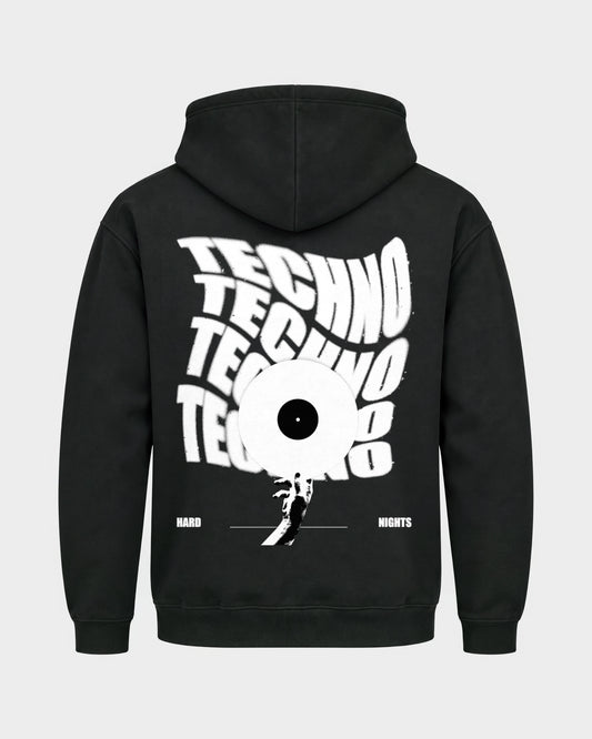 Techno Vinyl – Basic Hoodie in Schwarz, Rückenprint – Hard Nights