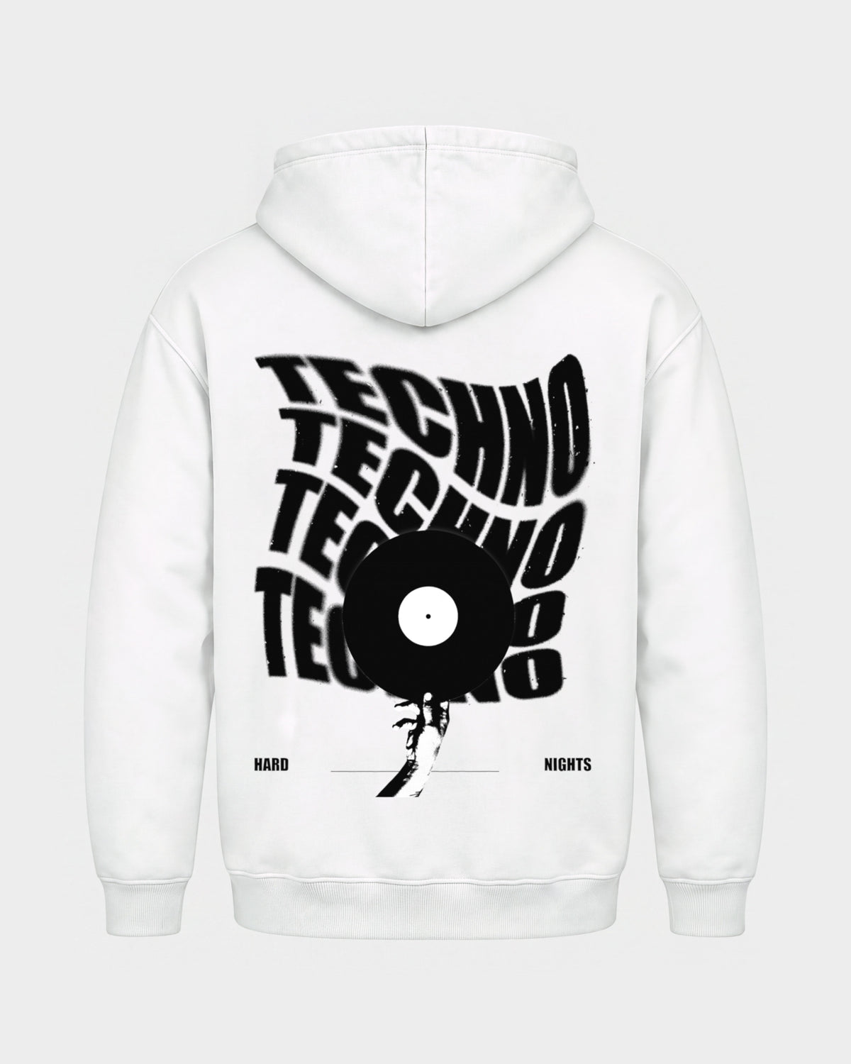 Techno Vinyl – Basic Hoodie in Weiß, Rückenprint – Hard Nights