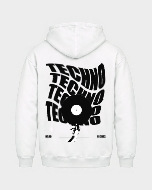 Techno Vinyl – Basic Hoodie in Weiß, Rückenprint – Hard Nights