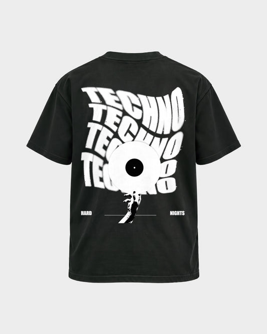 Techno Vinyl – Basic Shirt in Schwarz, Rückenprint – Hard Nights