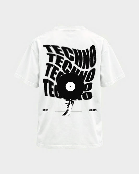 Techno Vinyl – Basic Shirt in Weiß, Rückenprint – Hard Nights