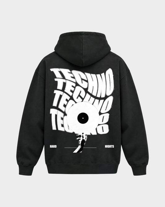 Techno Vinyl – Oversized Hoodie in Schwarz, Rückenprint – Hard Nights