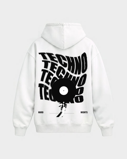 Techno Vinyl – Oversized Hoodie in Weiß, Rückenprint – Hard Nights