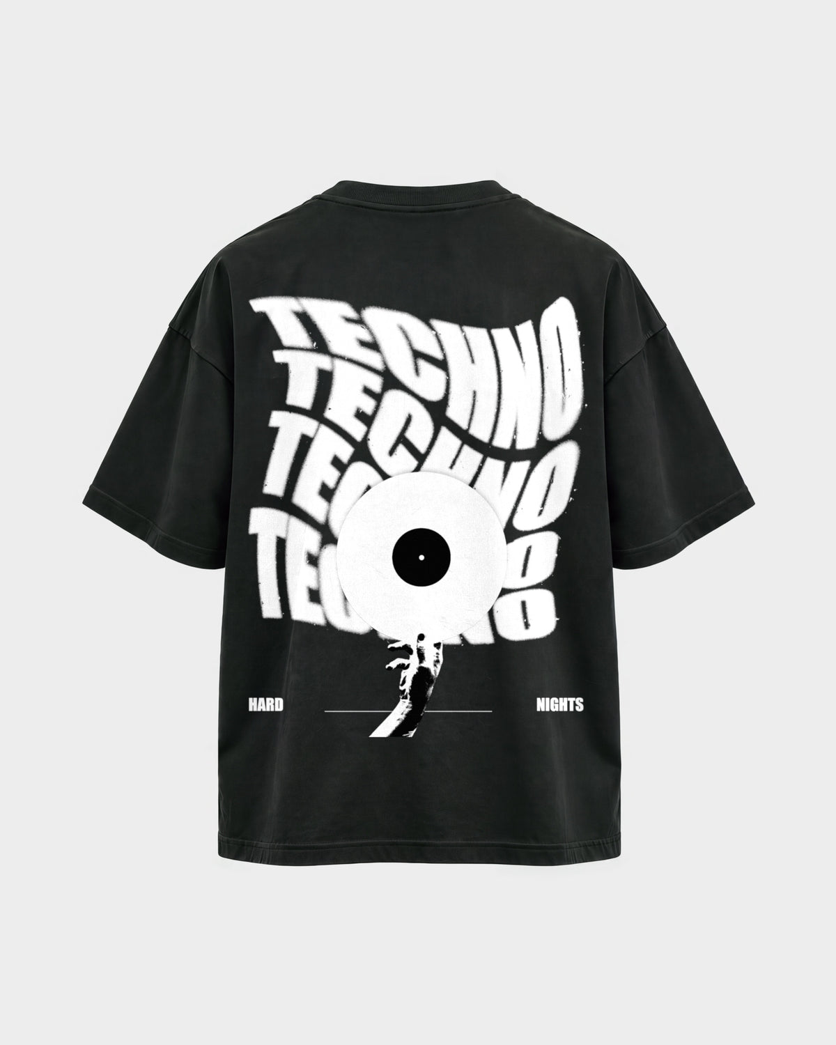 Techno Vinyl – Oversized Shirt in Schwarz, Rückenprint – Hard Nights