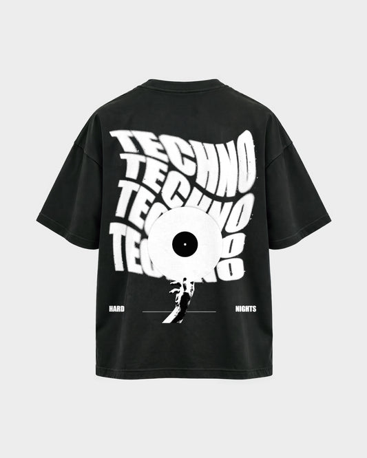 Techno Vinyl – Oversized Shirt in Schwarz, Rückenprint – Hard Nights